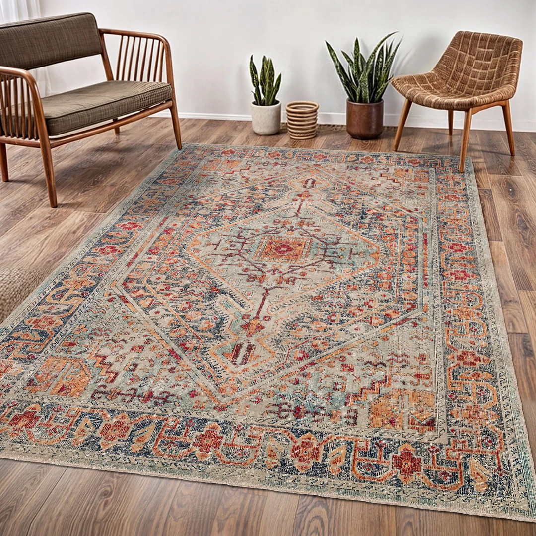 Beige Rug Orange Details Rug Heriz Style Rug Oriental Rug Washable Mid-century Modern Unique Desi... | Etsy (US)