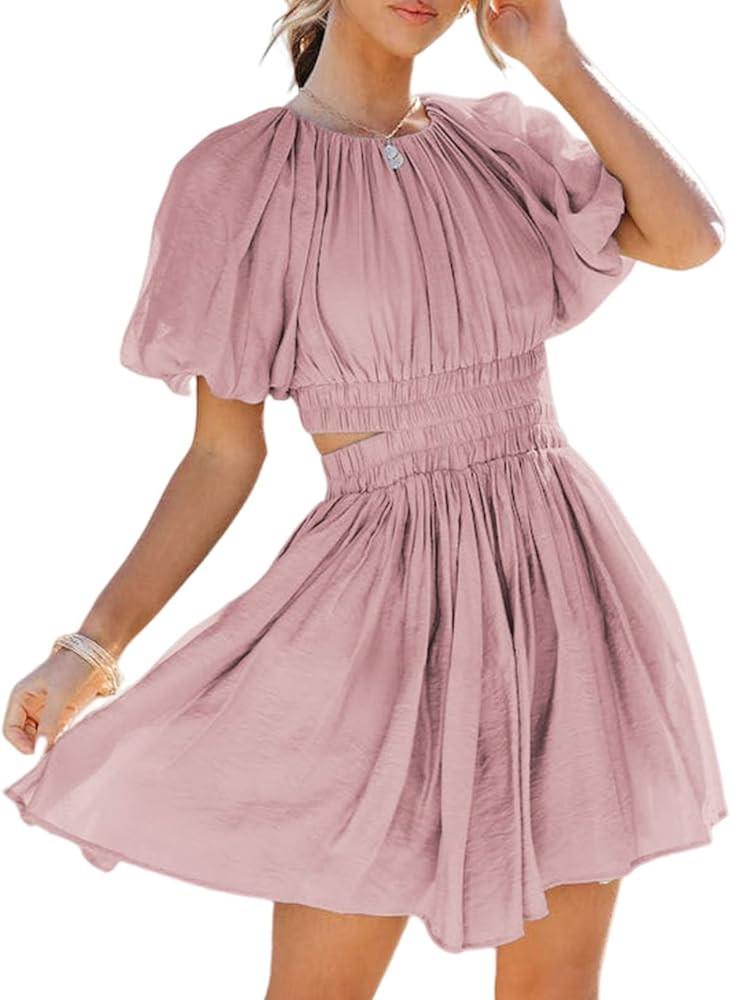 AlvaQ Women Summer Crewneck Cut Out Dresses Casual Puff Sleeve Swing A Line Short Mini Dress with... | Amazon (US)