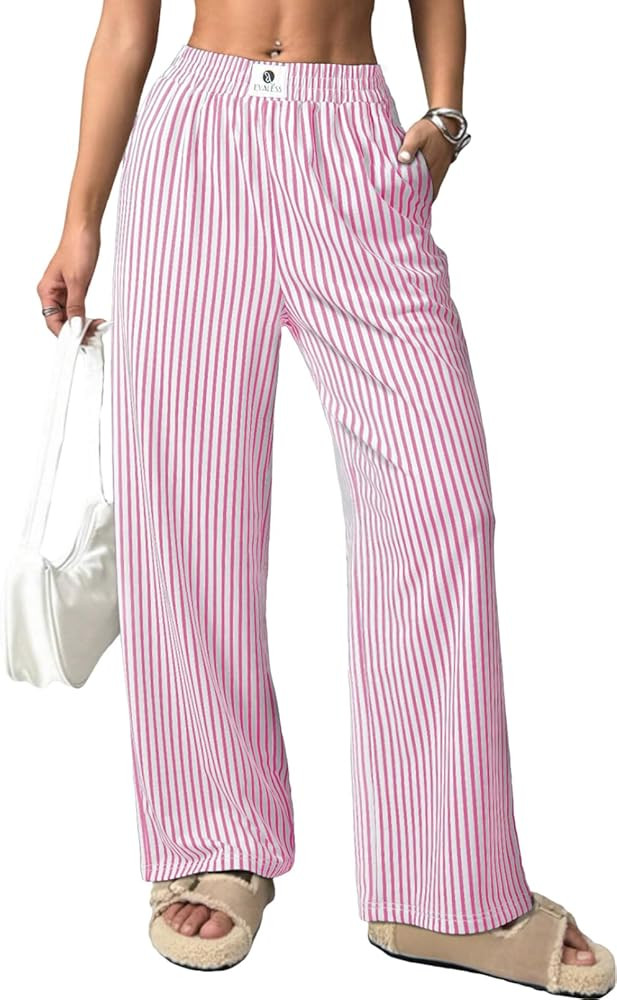 EVALESS Women's Striped Pants Spring Summer 2026 Comfy Pajama Pants High Waist Wide Leg Lounge Pa... | Amazon (US)