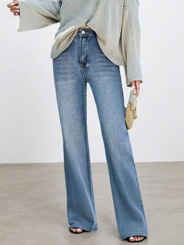 High-Waisted Women's Straight Leg Jeans Vintage Wash Casual Denim Slimming Denim Pants | Amazon (US)