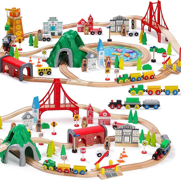 SainSmart Jr. 112-Piece Wooden Train Set for Toddler – Double-Sided Train Tracks, Compatible wi... | Amazon (US)