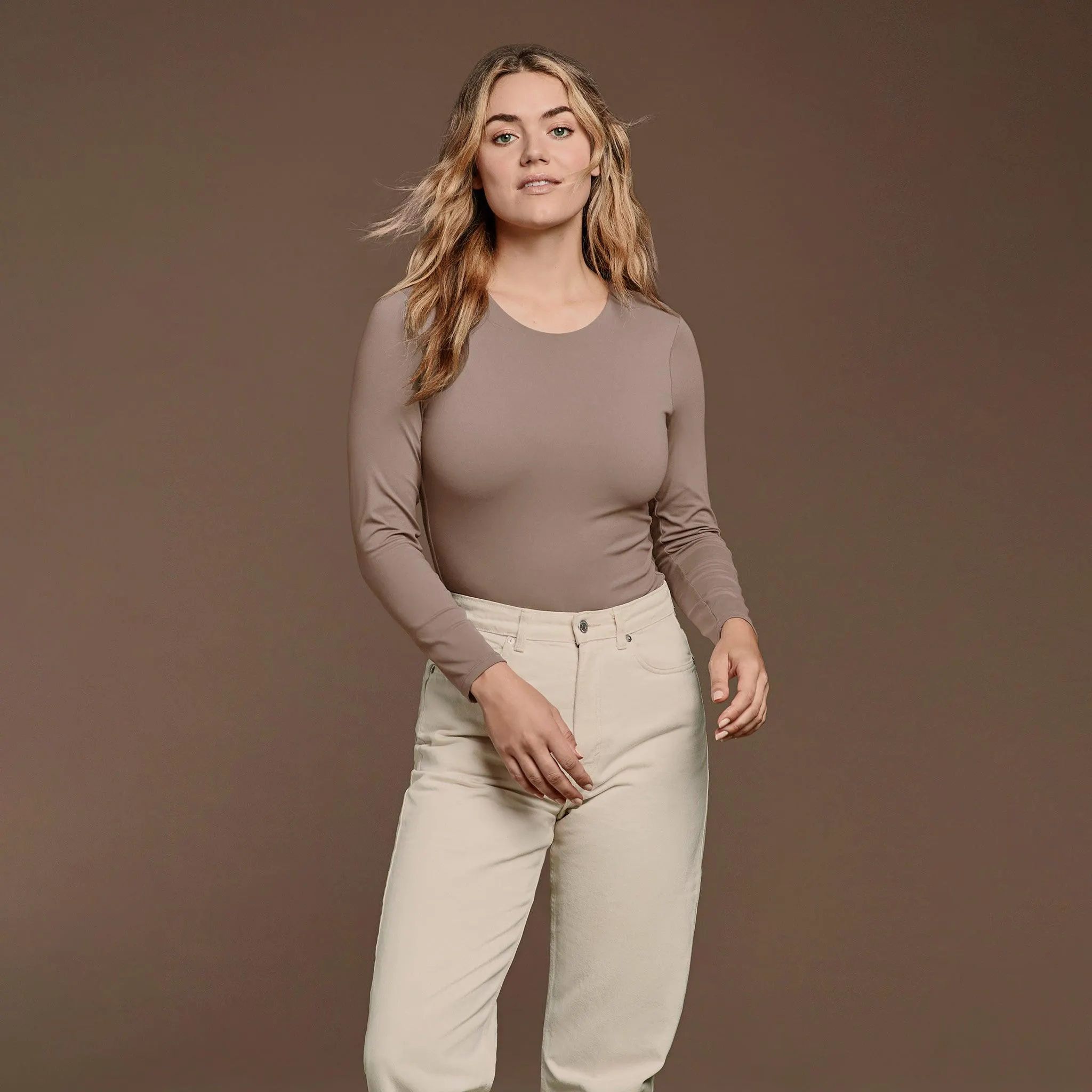 Women's Long Sleeve Crewneck Bodysuit - Mocha - nuuds | nuuds