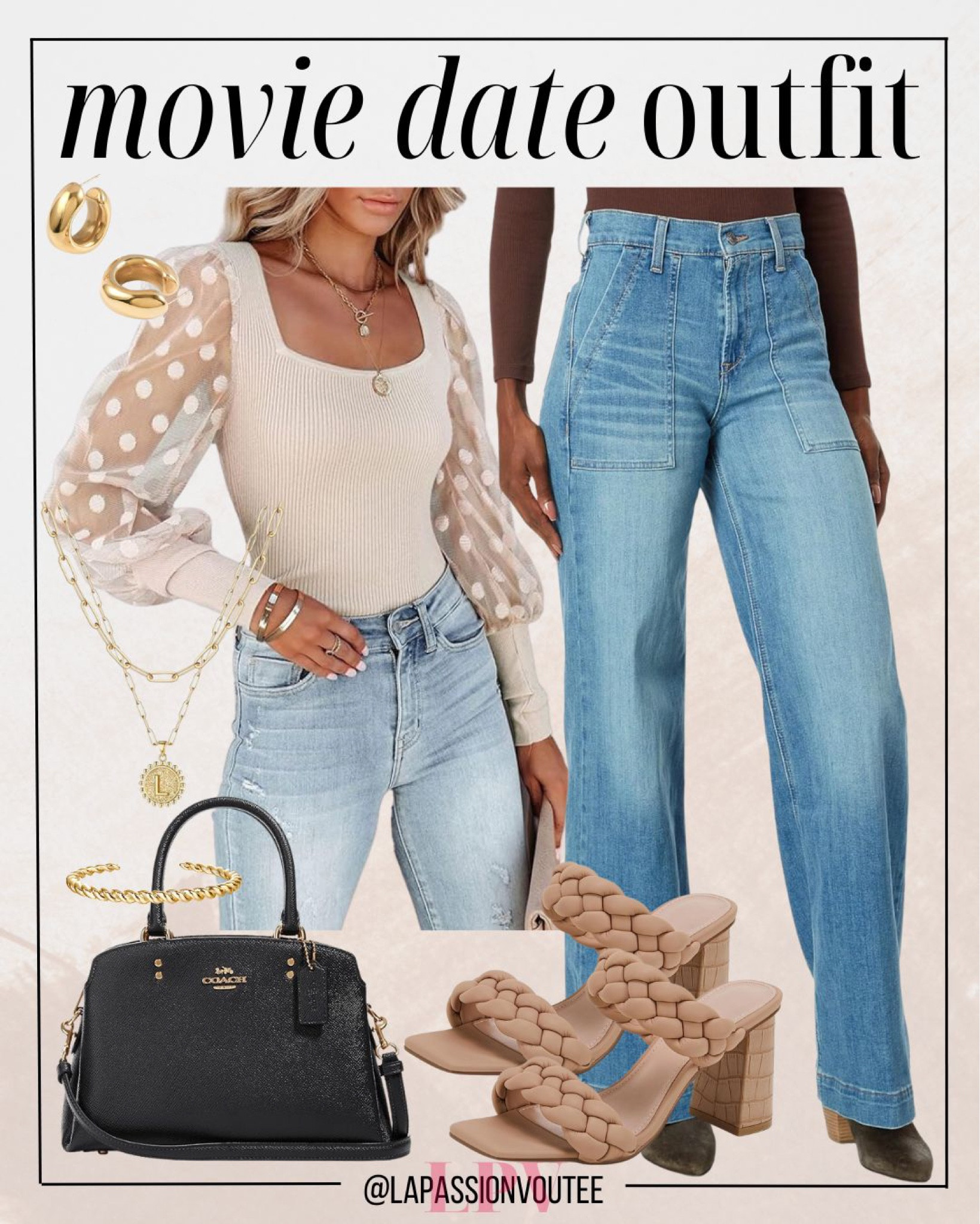Effortless elegance meets casual chic! Step up your movie date attire with a charming balloon sleeve blouse paired with flattering wide leg jeans. Add a touch of glamour with hoop earrings, a dainty bracelet, and layered necklace. Complete the look with a stylish crossbody bag and chic heeled sandals for a sophisticated yet comfortable ensemble.

#LTKSeasonal #LTKstyletip #LTKfindsunder100
