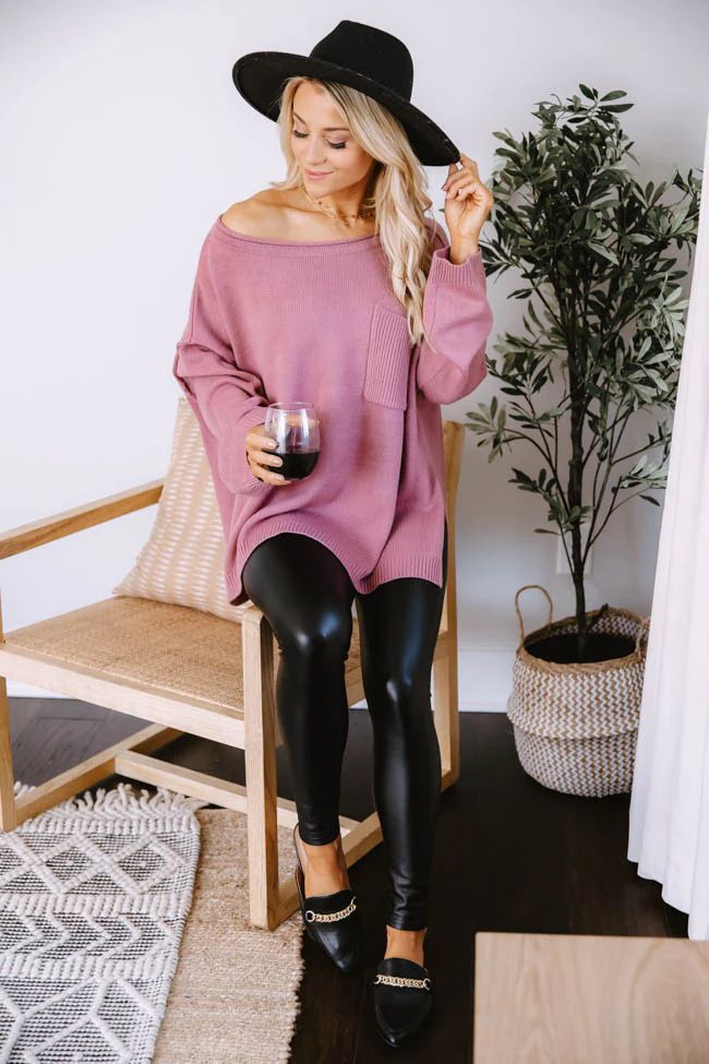 Cozy Up Pocket Sweater Dark Mauve | The Pink Lily Boutique