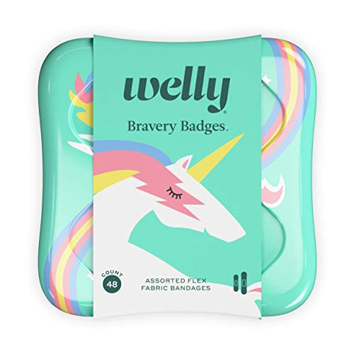 Welly Bandages | Adhesive Flexible Fabric Bravery Badges | Assorted Shapes for Minor Cuts, Scrapes, and Wounds | Colorful and Fun First Aid Tin | Unicorn Patterns - 48 Count | Amazon (US)