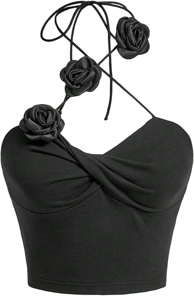 Women's 3D Flower Criss Cross Backless Crop Tank Tops Sleeveless Casual Slim Fit Halter Top | Amazon (US)