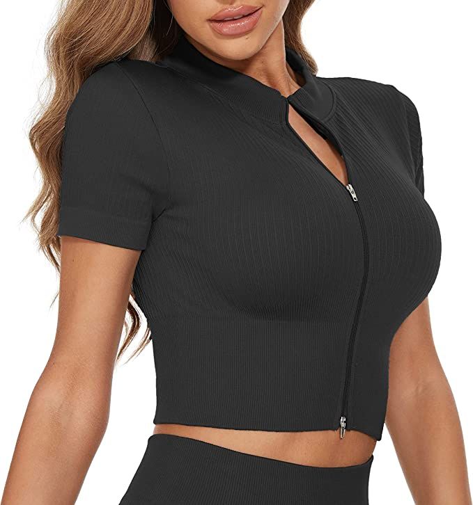 Crop Tops for Women-Short Sleeve Workout Tops Zipper Ribbed V Neck Shirts for Running,Tennis,Yoga... | Amazon (US)