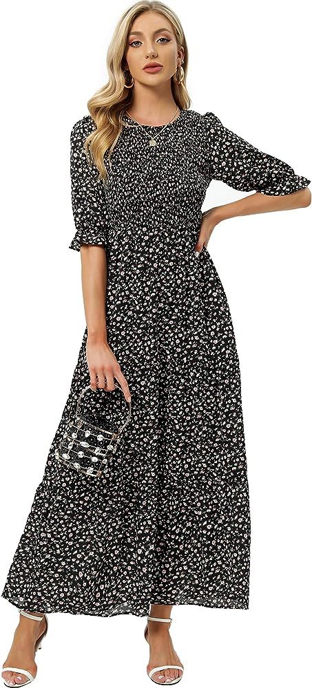 Womens Summer Casual Half Sleeve Bohemian Floral Tiered Maxi Dress | Amazon (US)