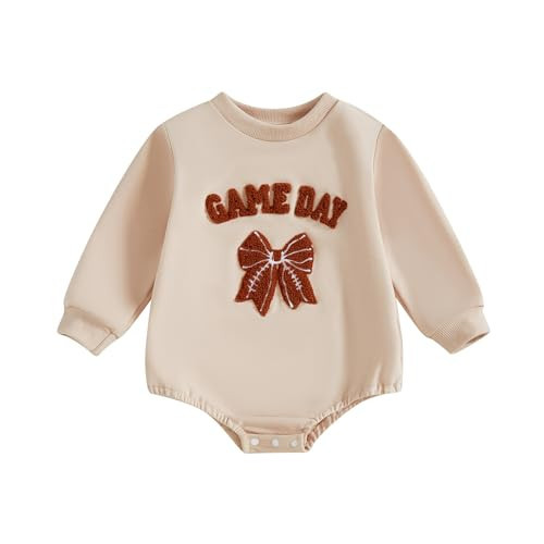 DSOKUHIB Newborn Baby Girl Football Clothes Football Bow Sweatshirt Romper Long Sleeve Bubble Romper Cute Fall Winter Outfit (Apricot, 12-18 Months) | Amazon (US)
