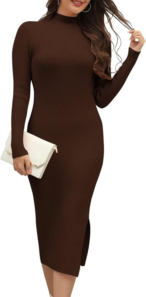 Wkior Women Long Sleeve Sweater Dresses Turtleneck Basic Ribbed Slim Fit Casual Bodycon 2024 Tren... | Amazon (US)