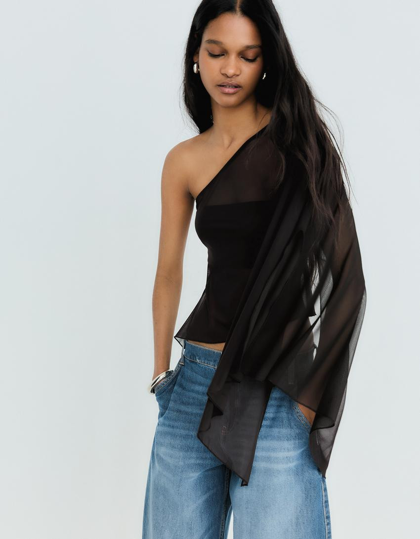 Asymmetric tulle top - Women | Bershka UK