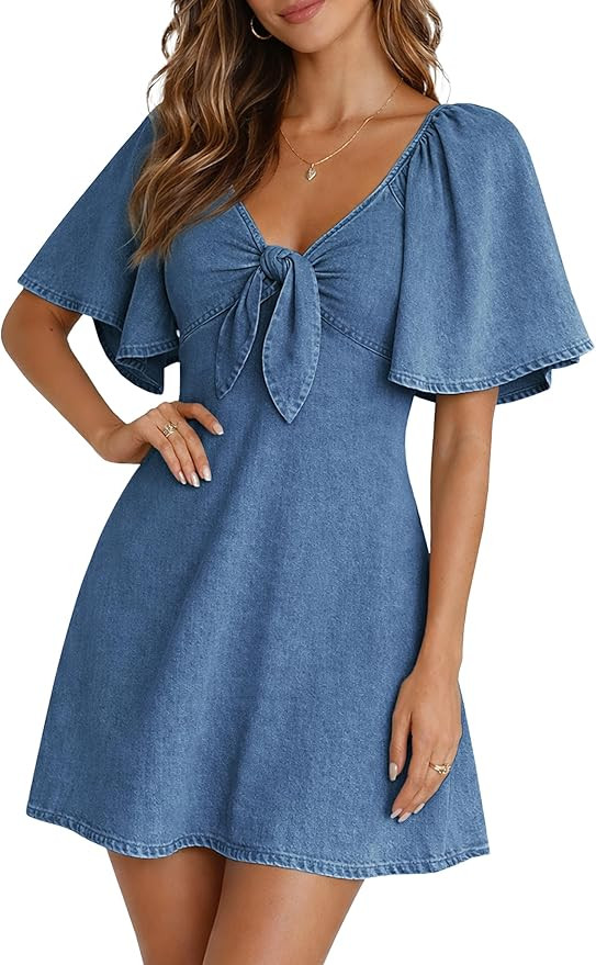 BISUAL Womens Denim Dress Bow Tie V Neck Flutter Sleeve Summer Casual Jean Dresses 2026 Western O... | Amazon (US)