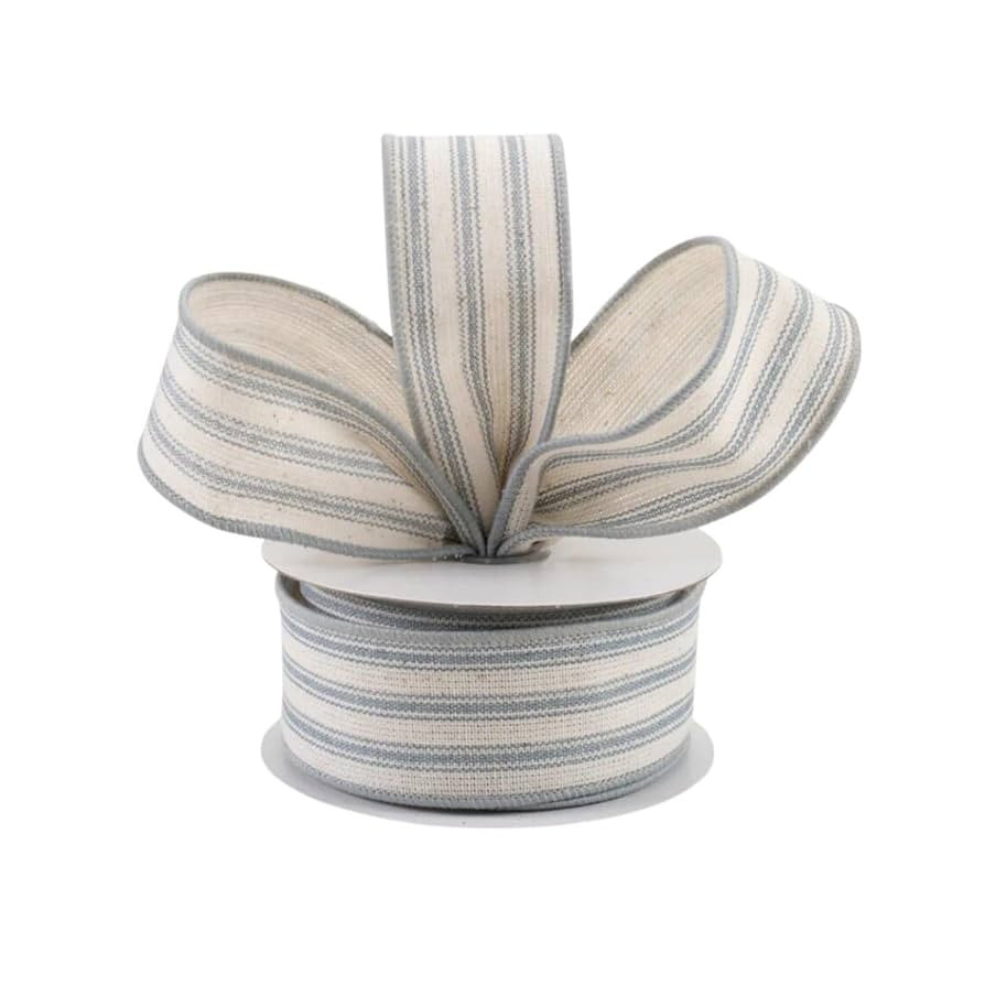 Smoke Blue Gray Natural Stripe Ticking Canvas Ribbon, 1.5" Wired Ribbon for Wreaths, Bows, Gift W... | Amazon (US)