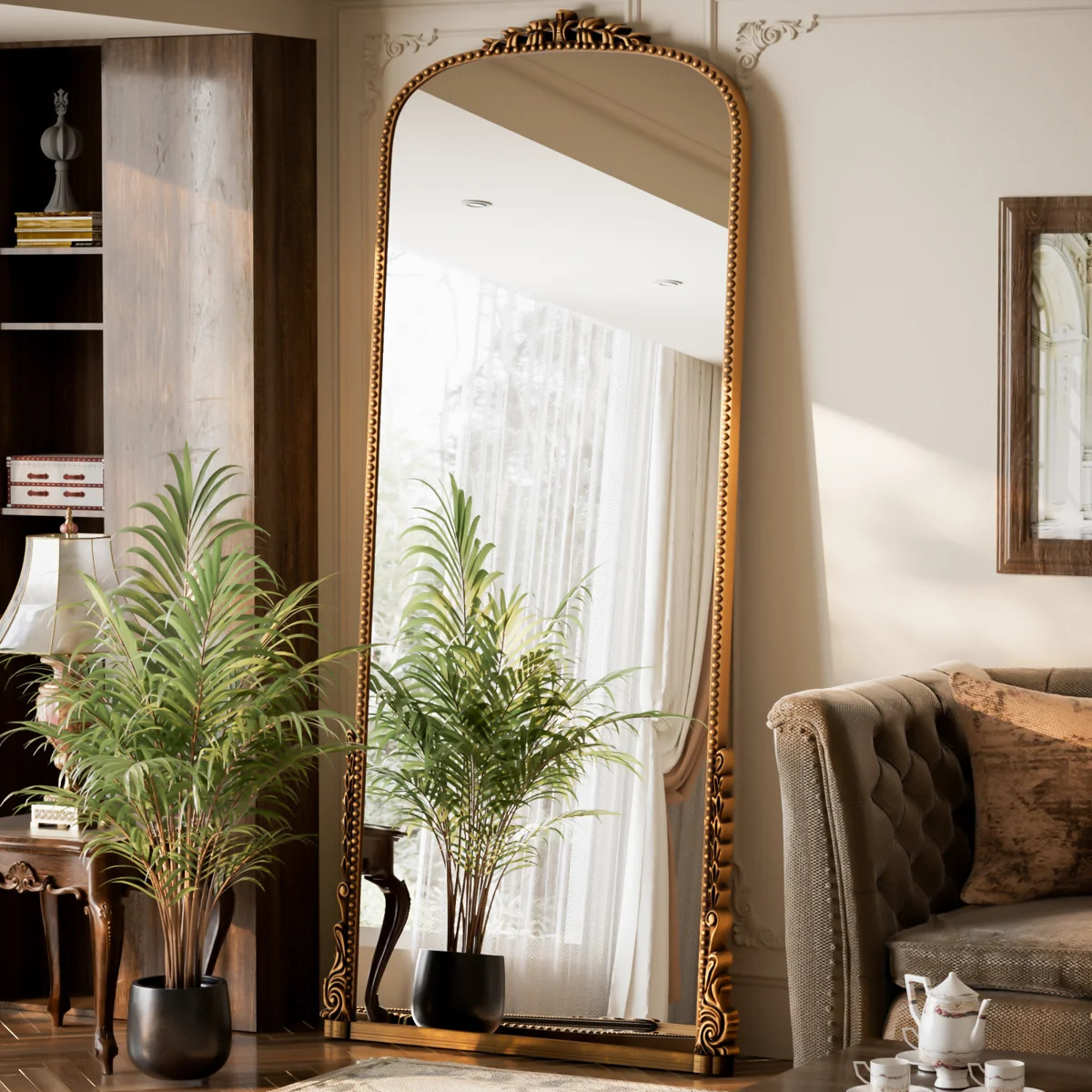 Vintage Full Length Mirror Arched Standing Floor Mirror Full Body Mirror With PU Frame | Wayfair North America