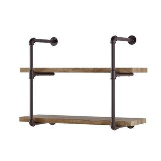 DANYA B Urbanne Industrial Aged 2-Tiered Wood Print MDF and Metal Pipe Floating Wall Shelf GH072 ... | The Home Depot