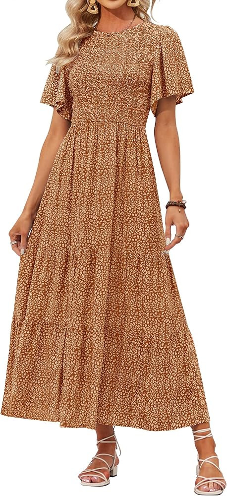 ZESICA Women's Summer Casual Floral Print Short Flutter Sleeve Crew Neck Smocked High Waist Flowy... | Amazon (US)