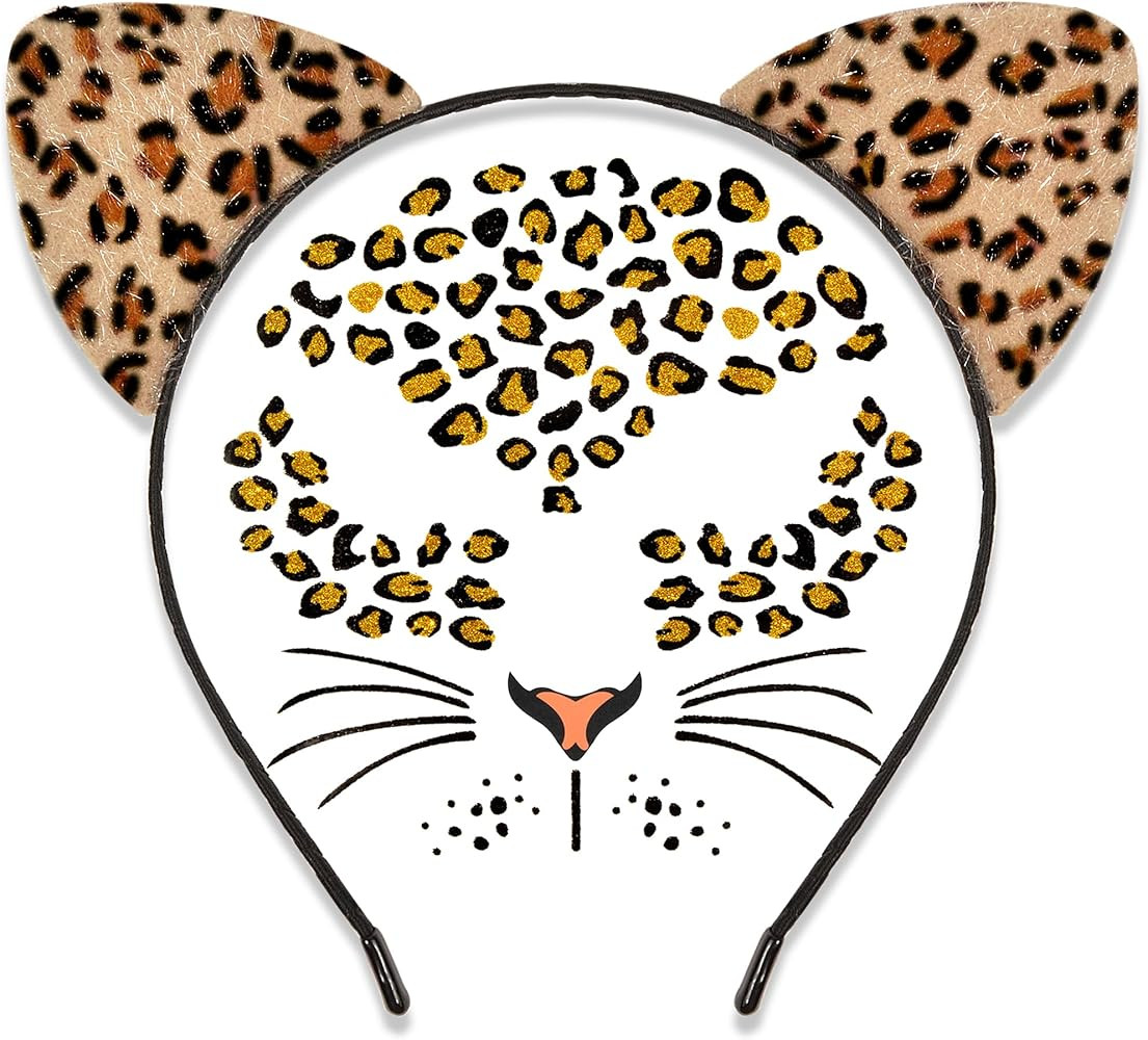Cheetah Ears Headband with Temporary Tattoos, Leopard Ears Headband & Leopard Face Stickers Tatto... | Amazon (US)