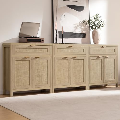 SICOTAS Sideboard Buffet Storage Cabinet Set of 3, Rattan Credenza Buffet Table, Boho Console Accent Cabinet with Doors and Drawer, Coffee Bar for Kitchen Entryway Living Room, Natural | Amazon (US)