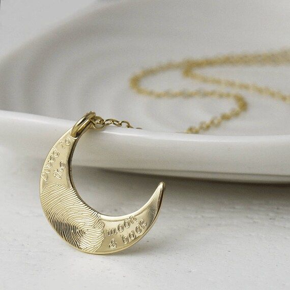 Solid Gold Loved to the Moon and Back Fingerprint Necklace | Personalised Gift for Her | Fingerprint | Etsy (US)