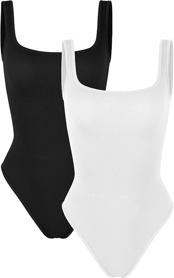 ODODOS 2 Pack Seamless Bodysuit for Women Ribbed Tank Top Sexy Sleeveless Bodysuits | Amazon (US)