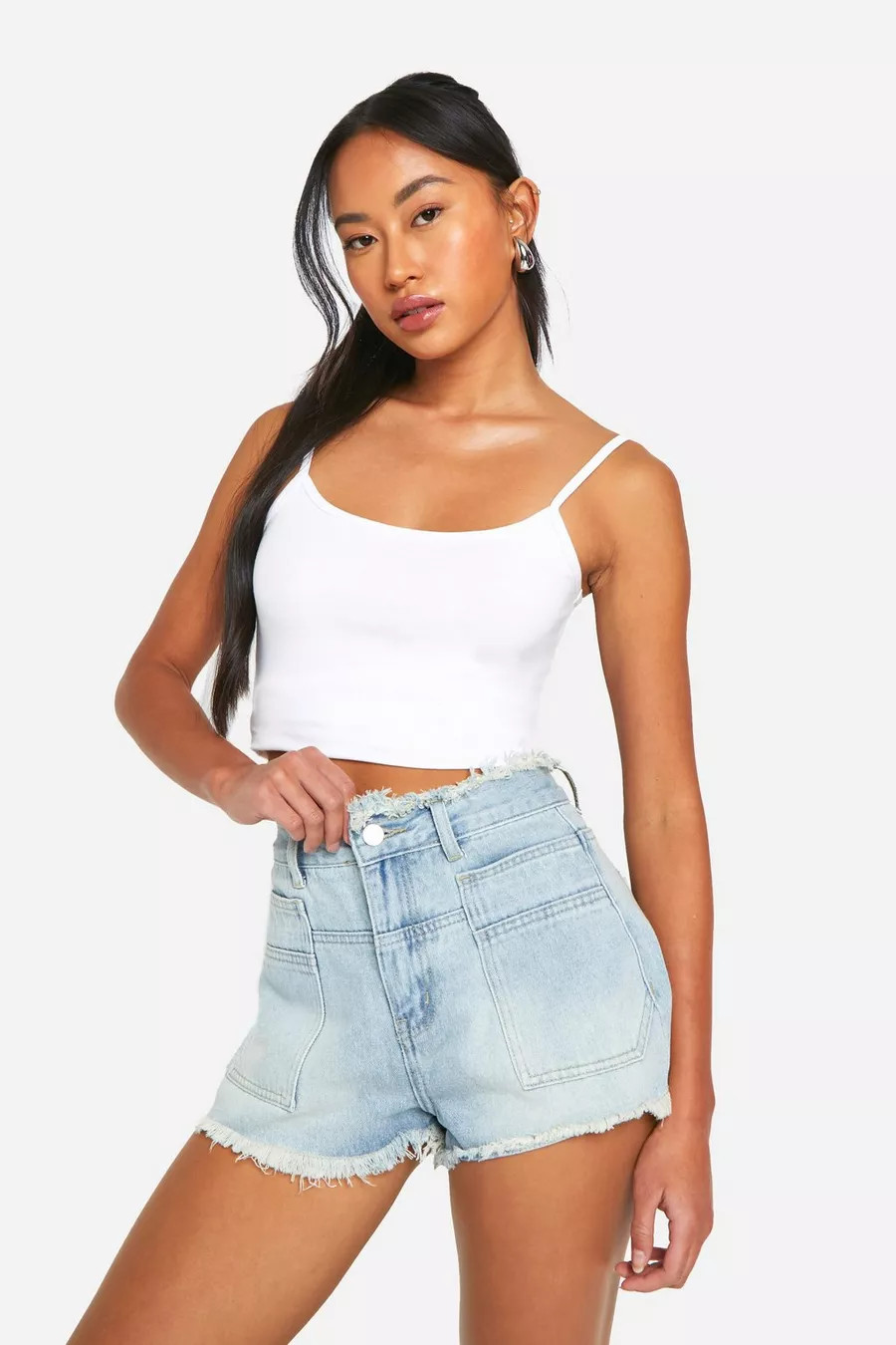 Patch Pocket Detail Fray Hemline Denim Shorts | boohoo (US & Canada)