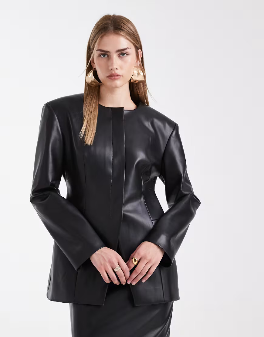 ASOS DESIGN faux leather cinch collarless blazer in black | ASOS (Global)