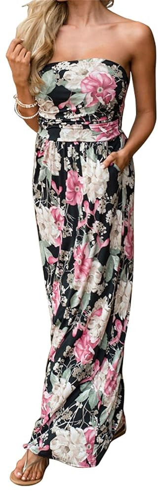 PRIMODA Womens Strapless Tube Top Maxi Dress Floral Boho Beach Dress with Pockets | Amazon (US)