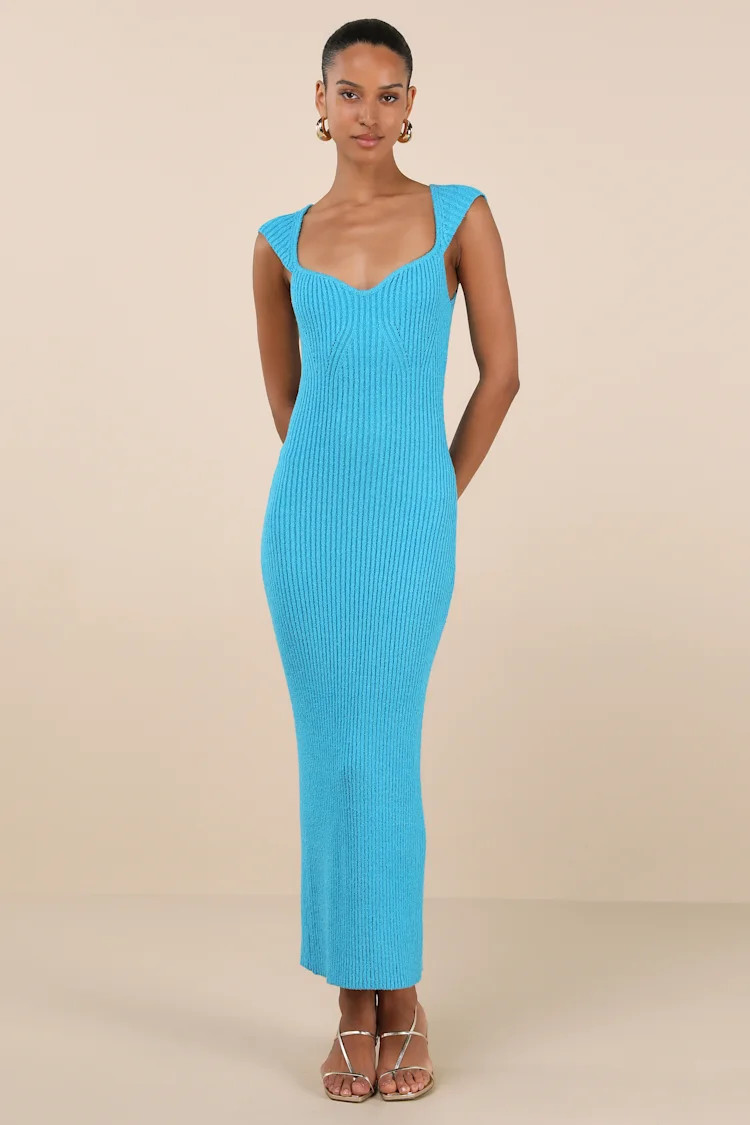 Chiara Turquoise Ribbed Knit Cap Sleeve Midi Dress | Lulus