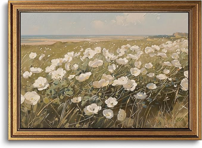 Gold Framed Wall Art Vintage Wildflower Canvas Art Farmhouse Floral Picture White Flower Wall Dec... | Amazon (US)