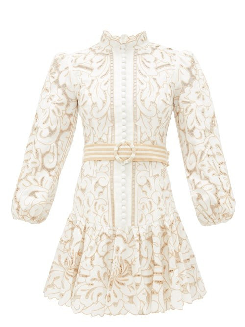 Zimmermann - Edie Floral Embroidered Linen-blend Mini Dress - Womens - Ivory | Matches (US)