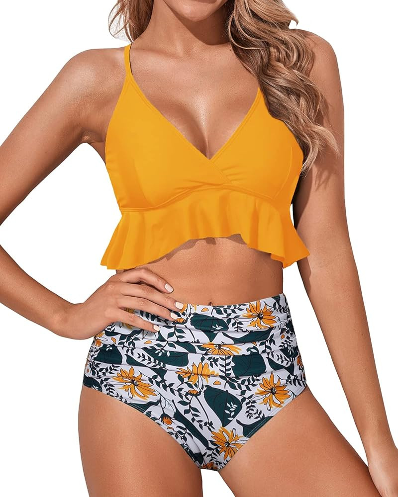 Tempt Me Women Two Piece Swimsuits High Waisted Ruffle Flounce Bikini V Neck Tummy Control Bathin... | Amazon (US)