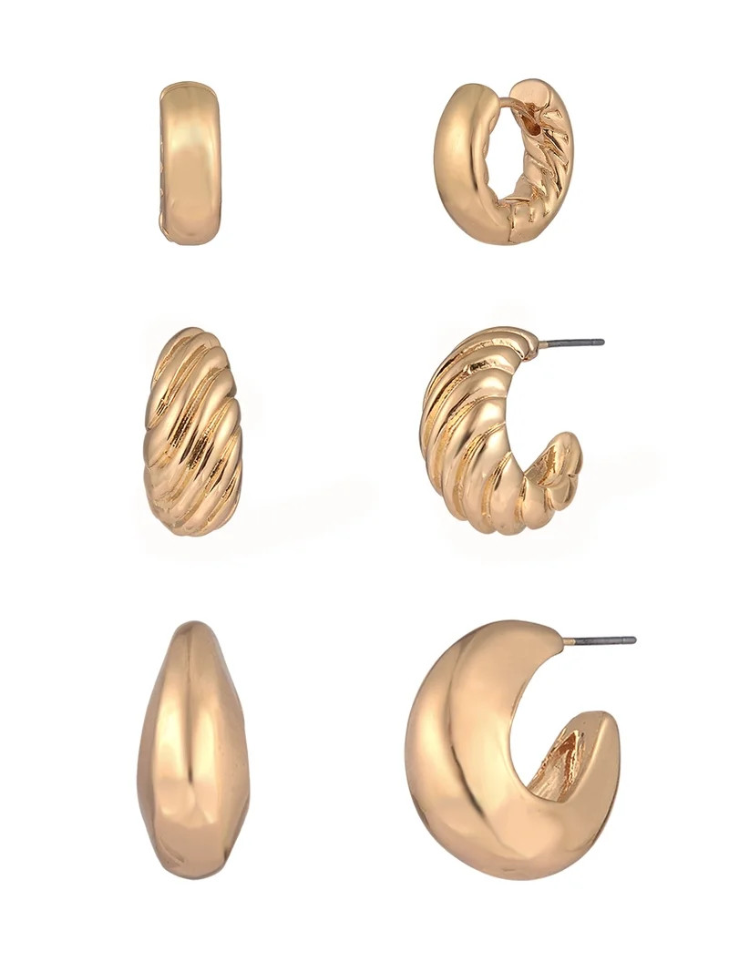 Time and Tru Goldtone 3-On Thick Textured C-Hoops Earring Set | Walmart (US)