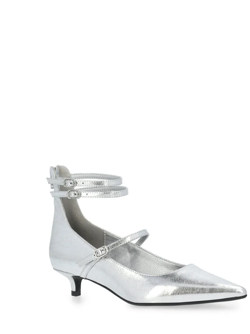 Scoop Women's Faux Leather Pointed Toe Strappy Kitten Heel Shoes - Walmart.com | Walmart (US)