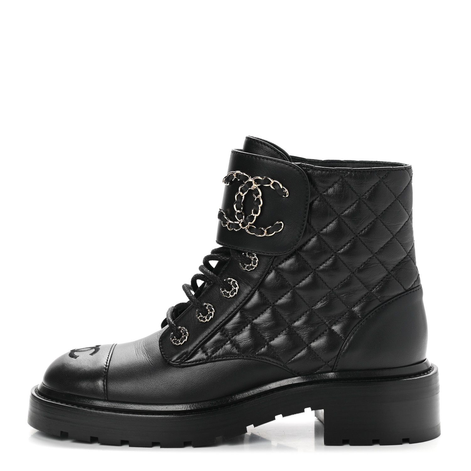 CHANEL Shiny Lambskin Quilted Lace Up Combat Boots 38 Black | FASHIONPHILE | Fashionphile