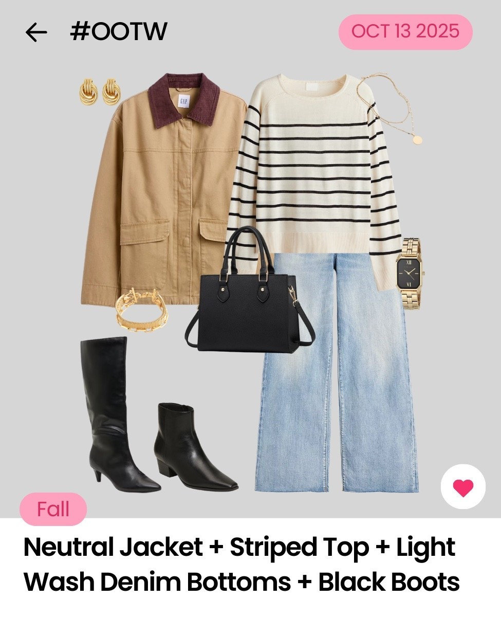 We call this one: the ultimate compliment magnet. 😉 #OOTW

🚨 THE FORMULA:
Neutral Jacket + 
Striped Top + 
Light Wash Denim Bottoms + 
Black Boots 

Dress it up: Easily dress this formula up by substituting the jacket for a neutral blazer and the bottoms for navy or black slacks.  

Dress it down: To dress this formula down, substitute the boots for neutral sneakers, black flats, or casual boots. 

Check out all 31 outfits we've styled for October in our app 📲. 

#LTKSeasonal #LTKOver40 #LTKStyleTip
