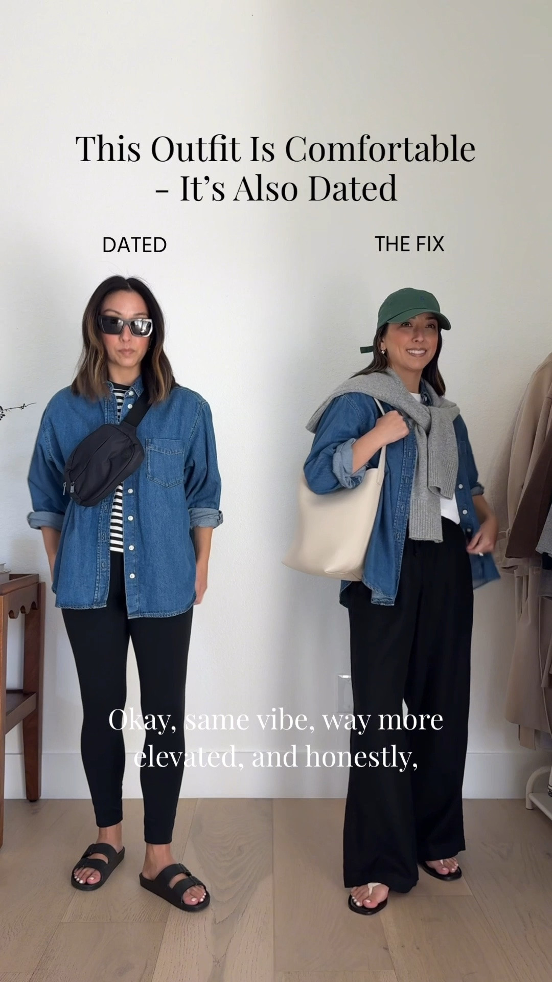 Pretend I’m your stylist, let’s fix this outfit in 60 seconds - biggest update os going from leggings to a roomier black pant option. 

Gap big shirt petite xs (old)
Madewell tee xs
Everlane seater xs
Gap Factory line oats petite xs
Everlane sandals 5
Quince bucket 
Pol Ralph Lauren hat
Electric picks earrings

#LTKootd #LTKmomlife #LTKPetite