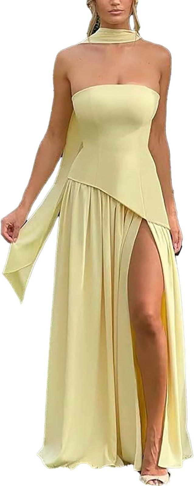 Women Strapless Corset Asymmetrical High Split Flowy Maxi Dresses Evening Gown Wedding Guest Dres... | Amazon (US)