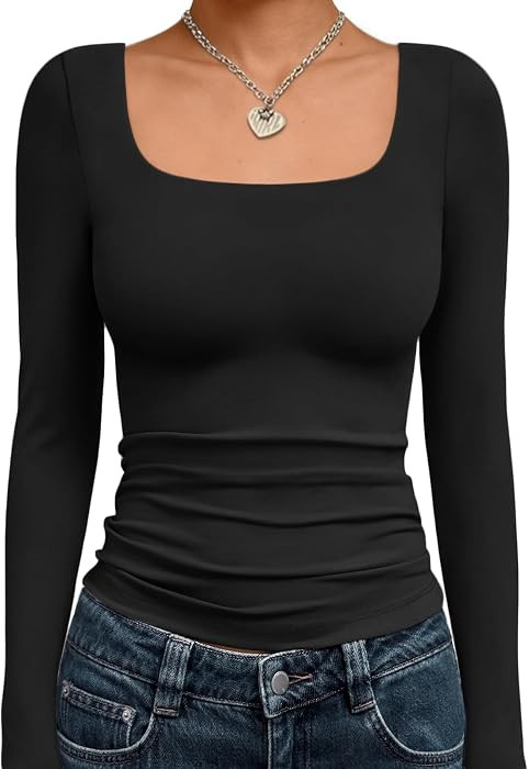 Trendy Queen Womens Square Neck Long Sleeve Shirts Double Lined Fall Tops | Amazon (US)