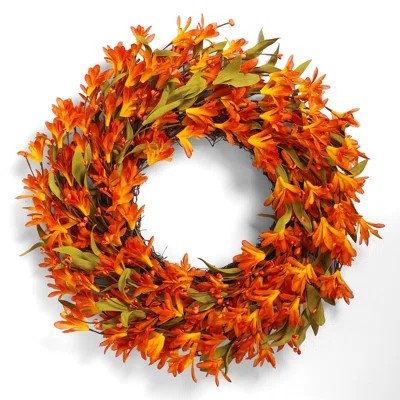 Artificial Autumn Flower Wreath, Front Door, Orange Forsythia Flower Wreath With Berries, Autumn Leaves, Indoor And Outdoor, Home Party Decoration | Wayfair Professional
