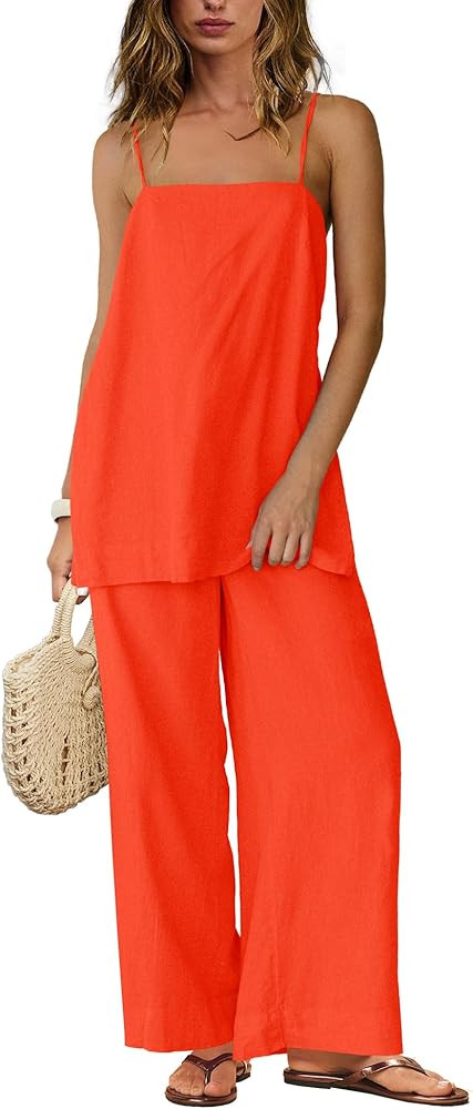 Yanekop Linen Sets for Women 2 Piece Pants Summer Outfits Matching Lounge Sets Spaghetti Strap Ta... | Amazon (US)
