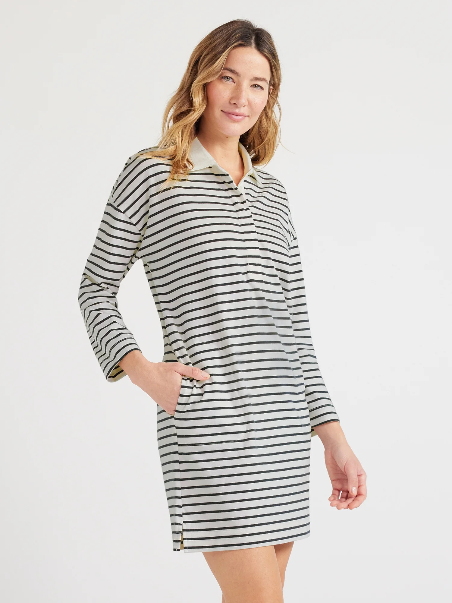 Free Assembly Women’s Striped Polo Mini Dress with Long Sleeves, Sizes XS-XXL | Walmart (US)