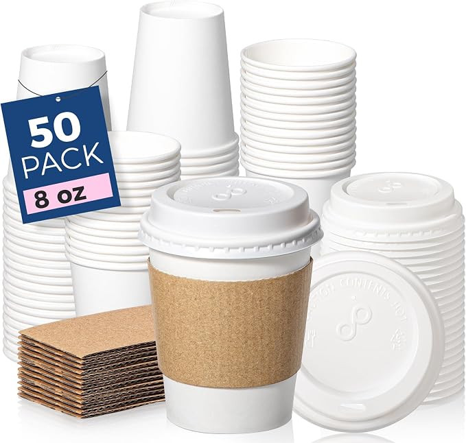Fit Meal Prep 50 Pack 8 oz Disposable Coffee Cups with Lids, Sleeves, Leak-Proof To Go Coffee Cup... | Amazon (US)