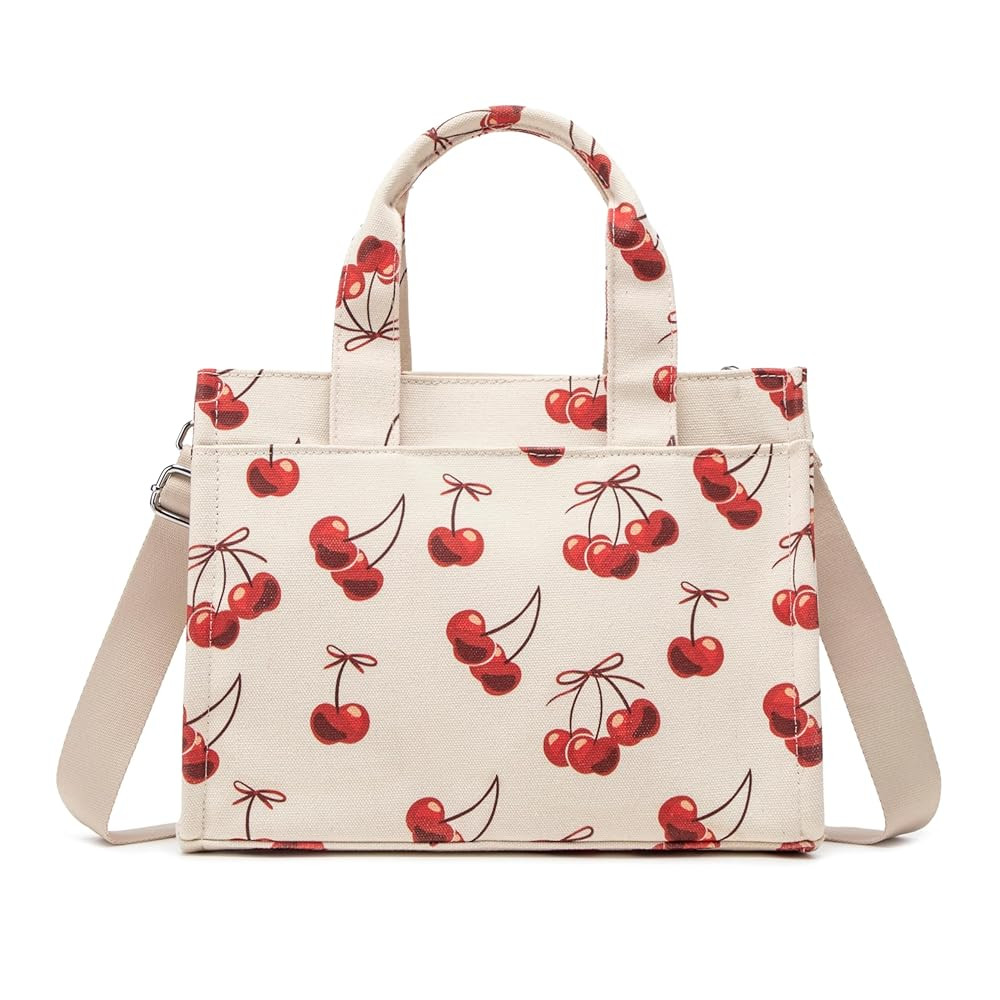 Women's Cherry Bow Print Canvas Tote Top Handle Crossbody Work Bag | Amazon (US)