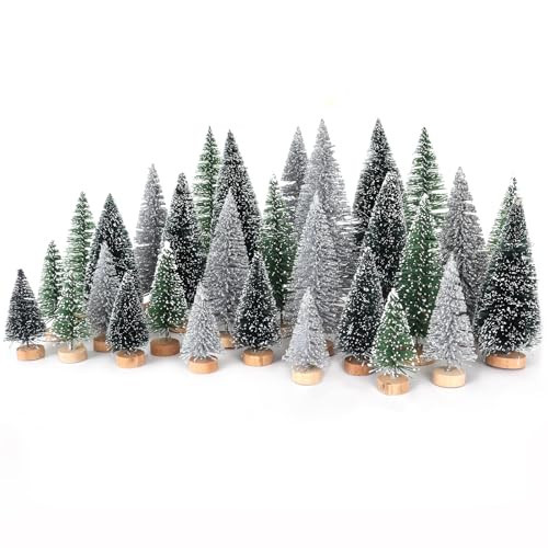 Mini Christmas Tree Christmas Decorations 30Pcs - Bottle Brush Christmas Trees with 5 Sizes, Miniature Pine Trees with Wooden Base for Christmas Party Home Table Craft Decor (Silver+Green+DarkGreen) | Amazon (US)