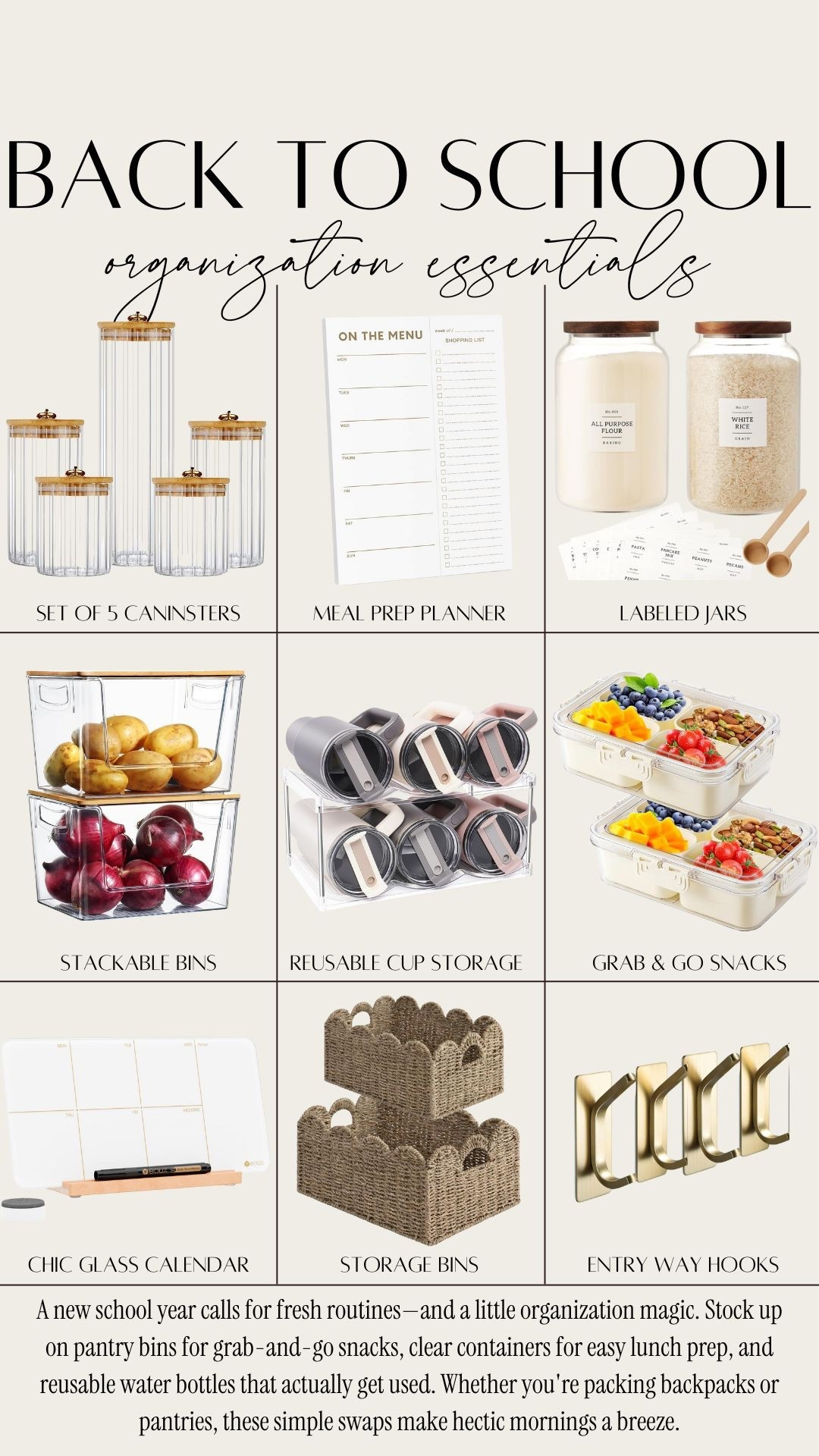 Back to school organization essentials for meal prepping, easy lunch packing. 

Pantry storage & organization. Canisters. Meal prepping calendar. Labeled jars. Water bottle storage. Wicker baskets. Stackable bins. Storage hooks. On the go snack containers. Aesthetic kitchen & pantry. Neutral home decor.

#LTKKids #LTKHome #LTKFamily