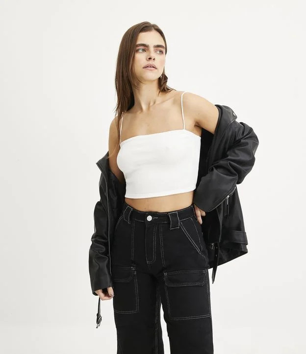 Blusa Cropped de Alça em Ribana Texturizada Branco Neve | Renner (BR)