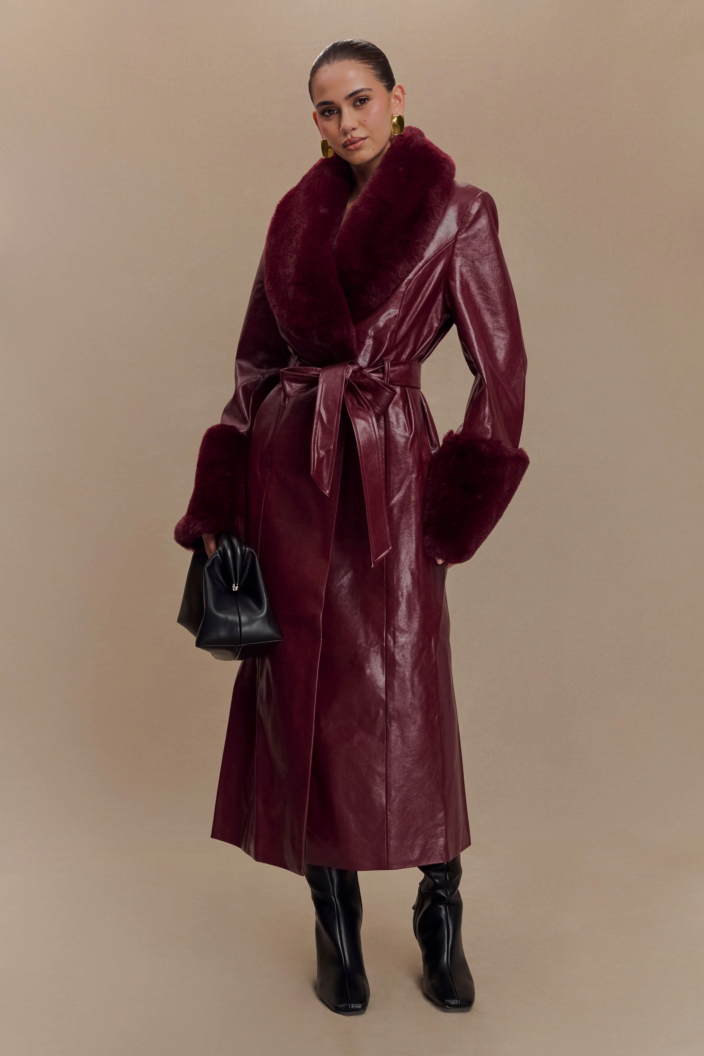 Bec Faux Leather Trench Coat With Faux Fur - Cherry Red | MESHKI US