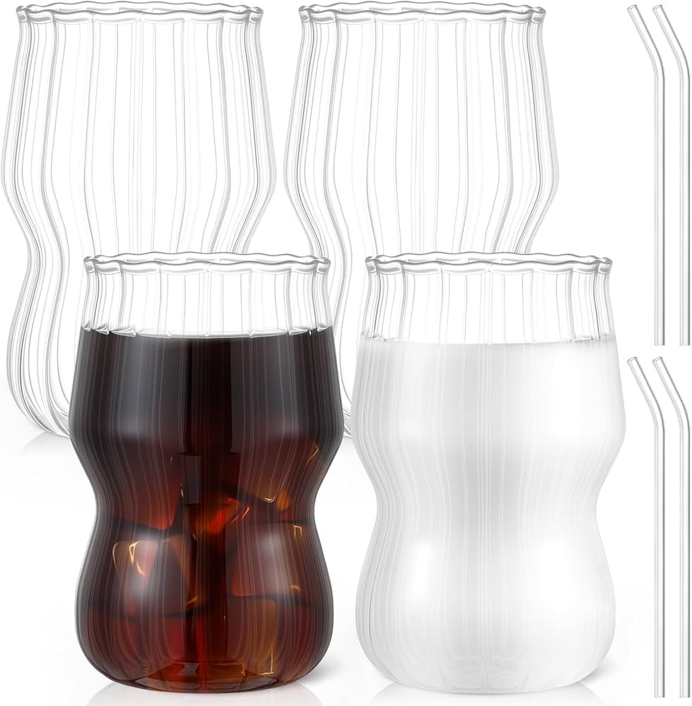 4 Pcs 20 oz Ribbed Glass Cups with Straws Vintage Drinking Glassware Wave Shape Design Iced Coffe... | Amazon (US)