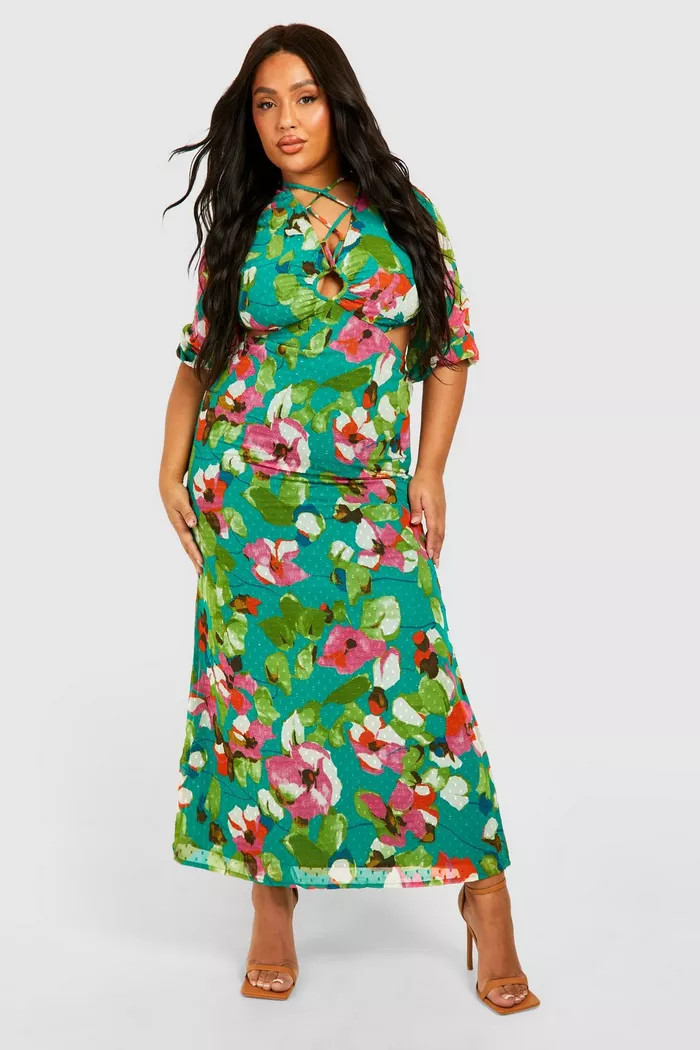 Plus Woven Floral Print Plunge Long Sleeve Midi Dress | boohoo (US & Canada)