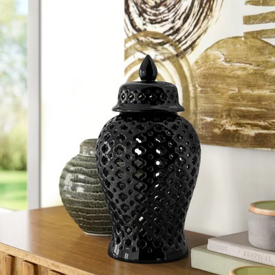 Neutral Modern Ceramic Cut Out Temple Jar with Lid | Wayfair North America